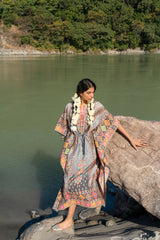 Grey Printed Pure Viscose Handwork Kaftan Dress