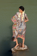 Grey Printed Pure Viscose Handwork Kaftan Dress