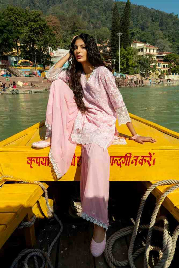 Baby Pink Faux Georgette Kurti & Gharara Set with Embroidery and Lace