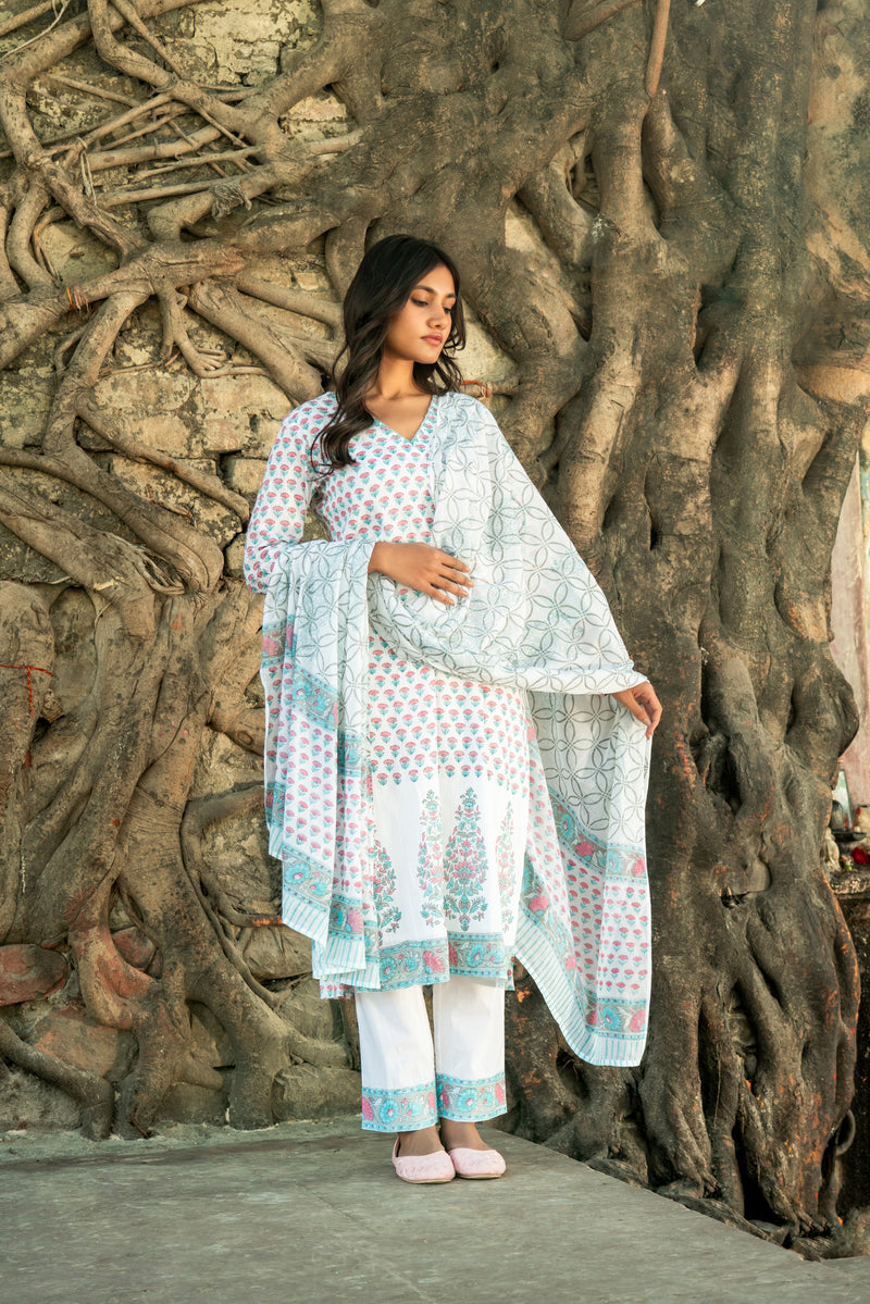 White Pure Cotton Hand Block Printed Kurta Set with Dupatta