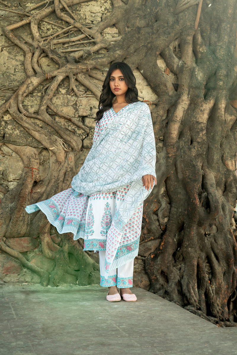 White Pure Cotton Hand Block Printed Kurta Set with Dupatta