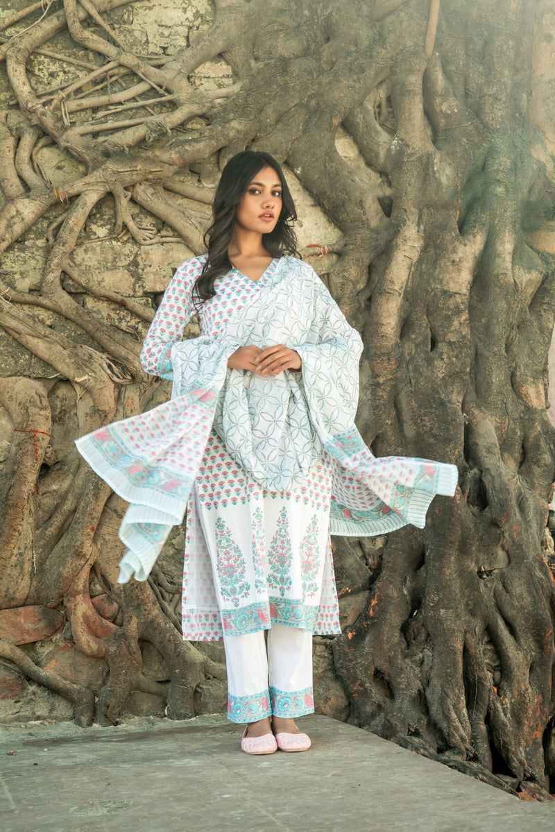 White Pure Cotton Hand Block Printed Kurta Set with Dupatta