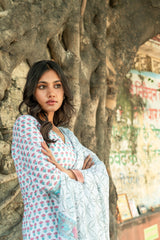 White Pure Cotton Hand Block Printed Kurta Set with Dupatta