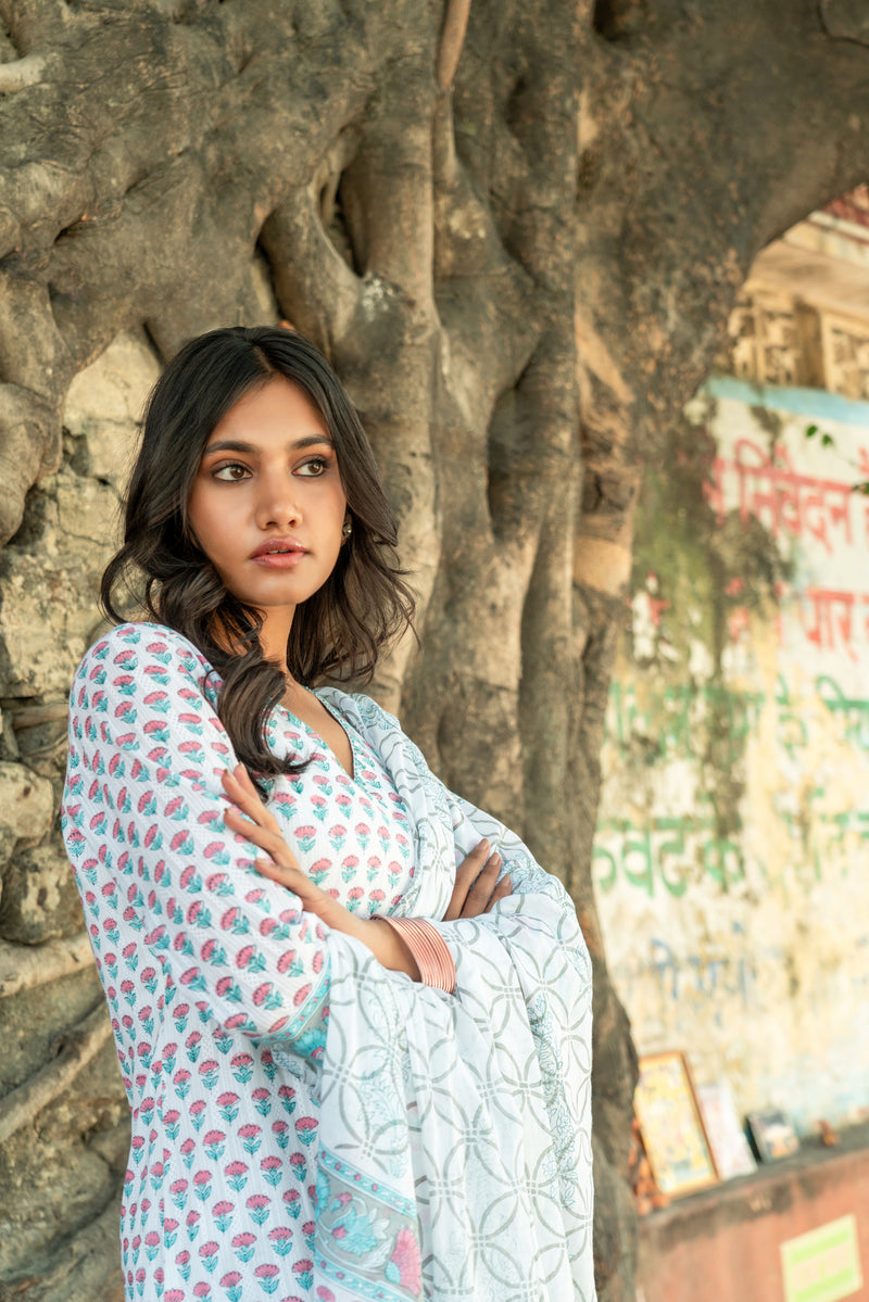 White Pure Cotton Hand Block Printed Kurta Set with Dupatta