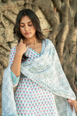 White Pure Cotton Hand Block Printed Kurta Set with Dupatta