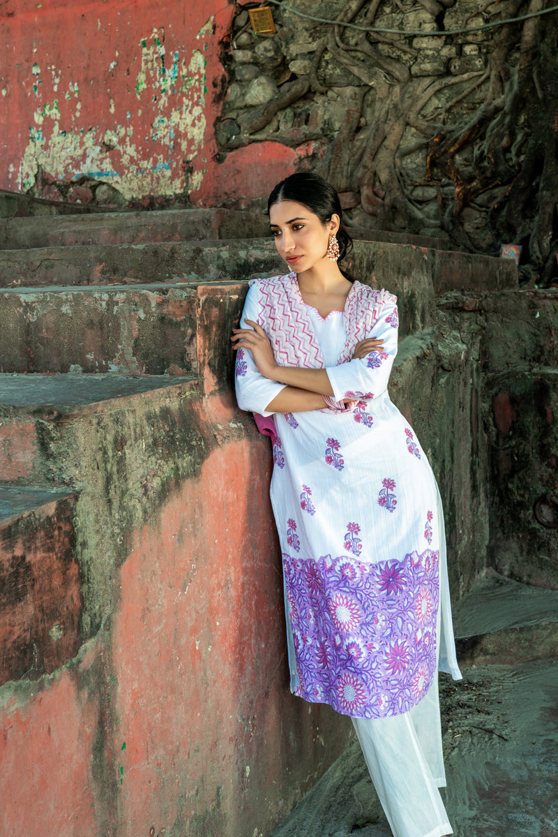 White Pure Cotton Hand Block Printed Kurta Set with Dupatta