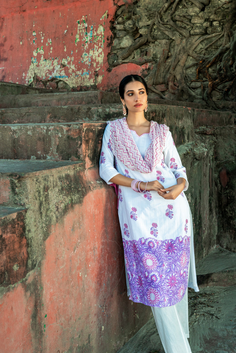 White Pure Cotton Hand Block Printed Kurta Set with Dupatta