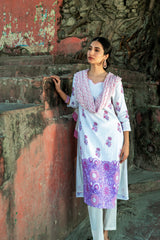 White Pure Cotton Hand Block Printed Kurta Set with Dupatta