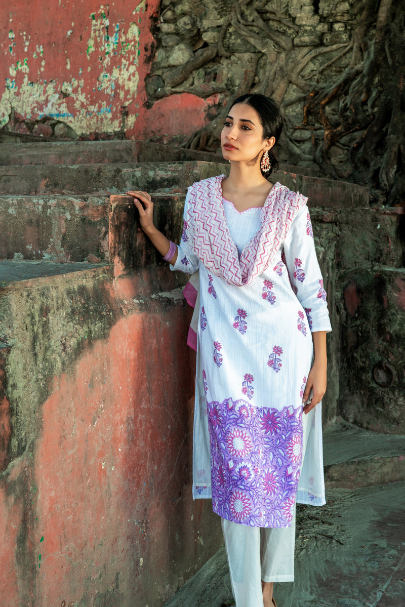 White Pure Cotton Hand Block Printed Kurta Set with Dupatta