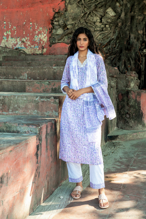 Dusty Pink Pure Cotton Hand Block Printed Kurta Set with Dupatta