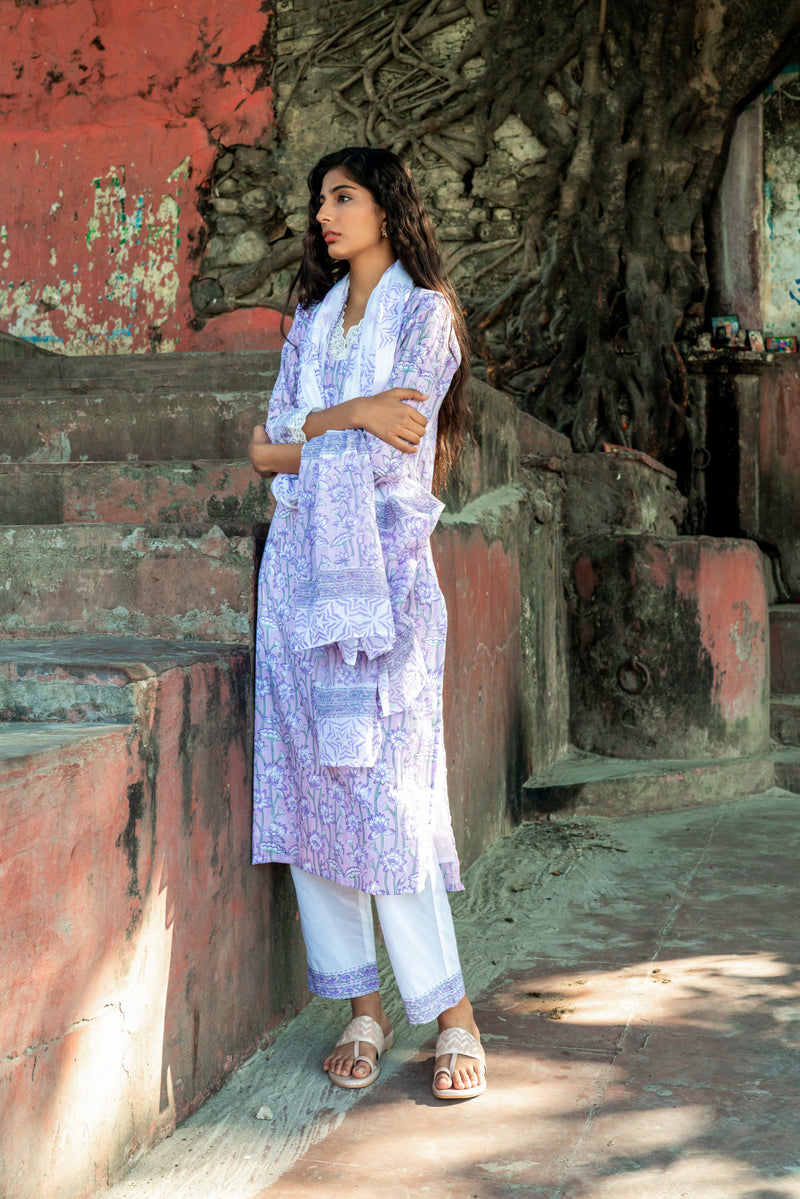 Dusty Pink Pure Cotton Hand Block Printed Kurta Set with Dupatta