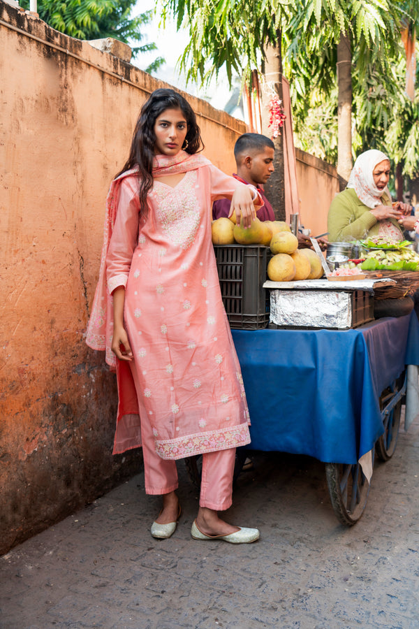 Peach Embroidered Modal Chanderi Kurta, Pants & Dupatta Set
