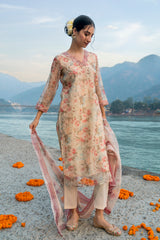 Cream Organza Digital Printed Kurta Set with Dupatta