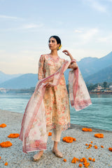 Cream Organza Digital Printed Kurta Set with Dupatta