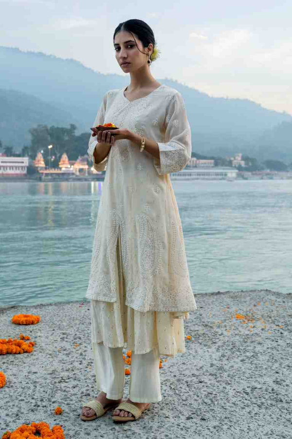 Off-White Embroidered Georgette Anarkali