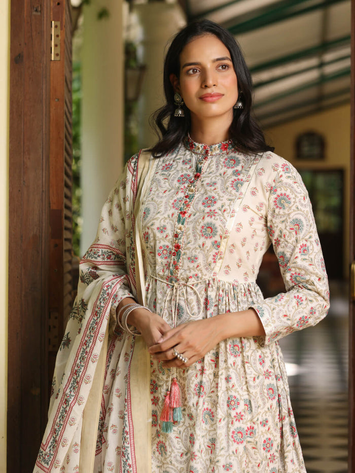 off-white floral print Anarkali kurti