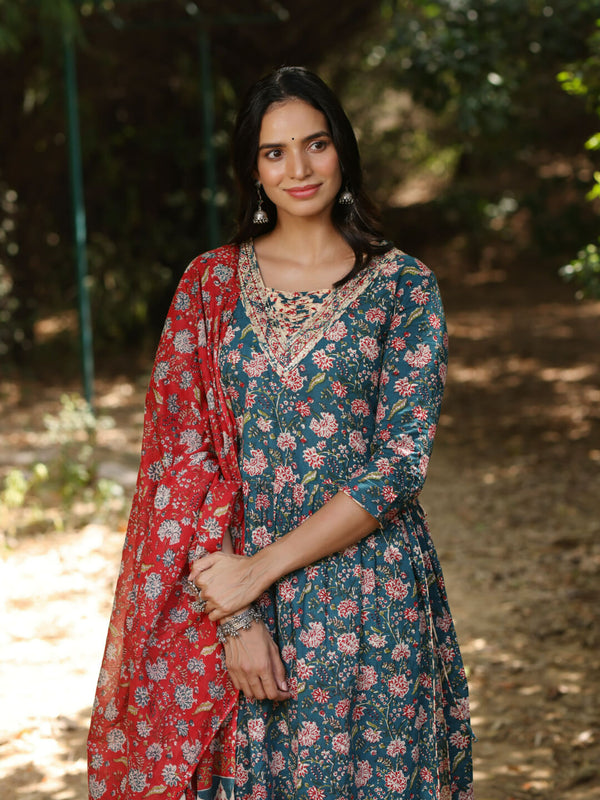 TITLI - FLORAL PRINT PURE COTTON A-LINE KURTA SET WITH MULMUL DUPATTA AND INTRICATE EMBROIDERY WORK