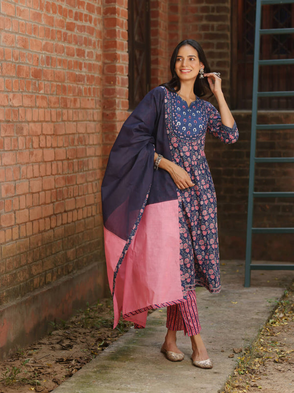 TARA - FLORAL PRINT PURE COTTON A-LINE KURTA SET WITH DUPATTA AND INTRICATE EMBROIDERY WORK