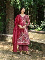 GUL - FLORAL PRINT PURE COTTON A-LINE KURTA SET WITH MULMUL DUPATTA AND INTRICATE EMBROIDERY WORK