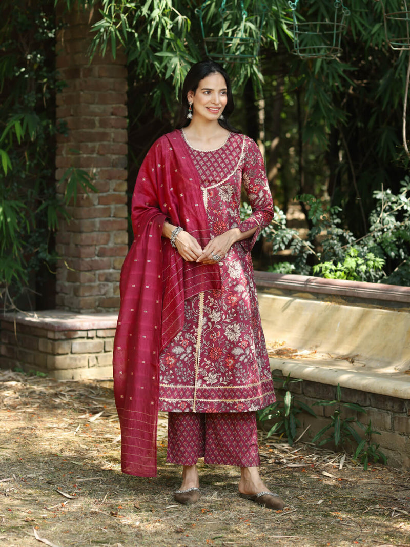 Maroon Floral Embroidered A-line Kurta Set