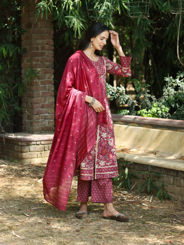 GUL - FLORAL PRINT PURE COTTON A-LINE KURTA SET WITH DUPATTA AND INTRICATE EMBROIDERY WORK