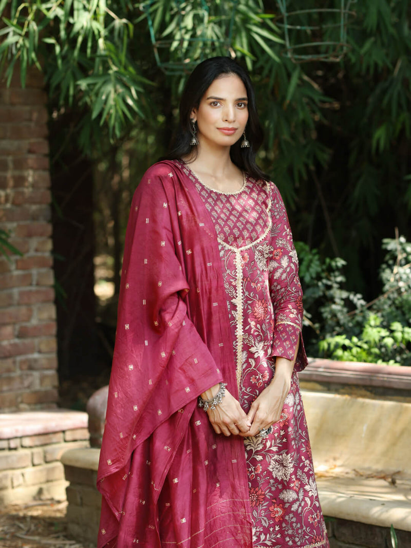 GUL - FLORAL PRINT PURE COTTON A-LINE KURTA SET WITH MULMUL DUPATTA AND INTRICATE EMBROIDERY WORK