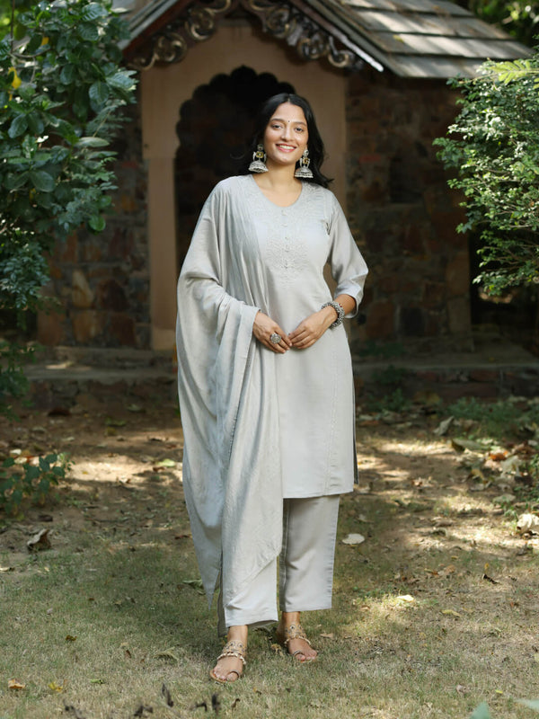 CHHAYA - VISCOSE SILK STRAIGHT KURTA SET WITH DUPPATTA WITH GLITTER CORDING WORK