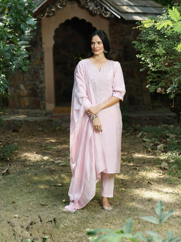 silk viscose pink straight kurta set