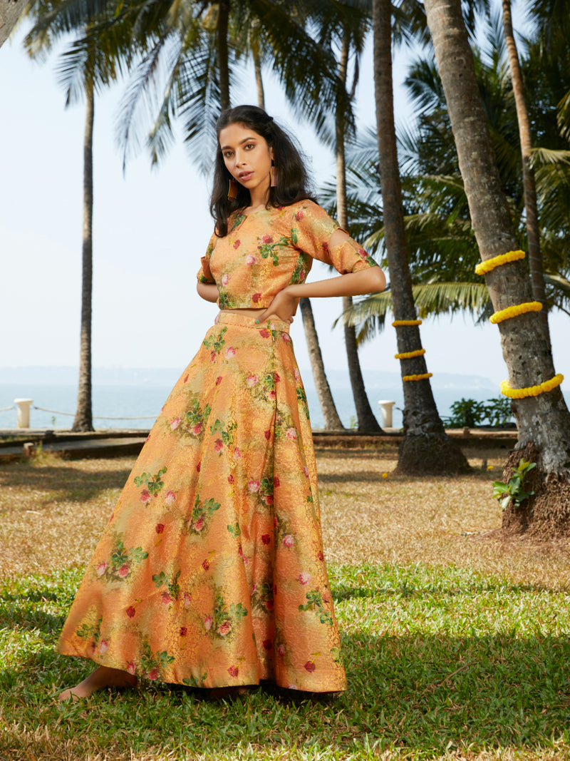 mustard printed jacquard flared skirt top set