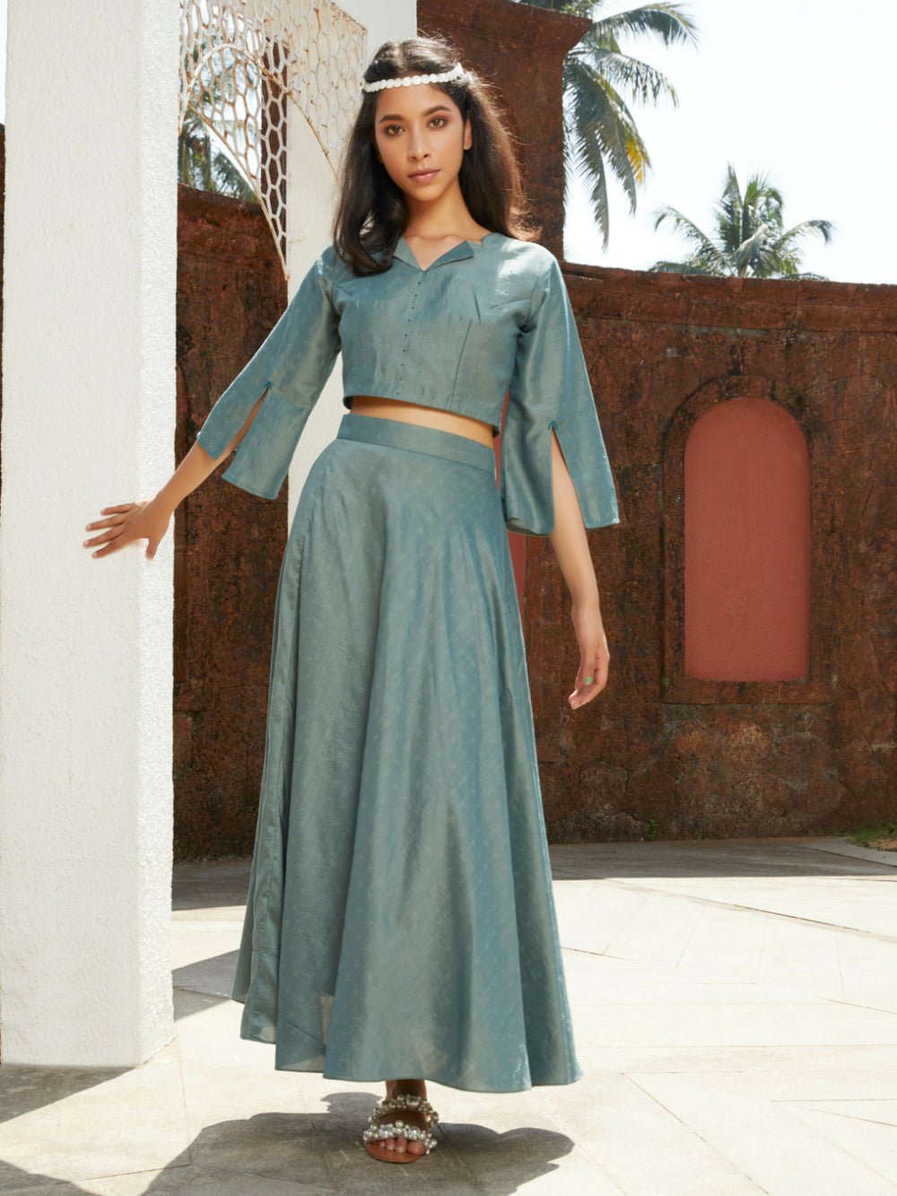 Teal Bead Work At Yoke Indian Silk Dobby Flaired Skirt Top