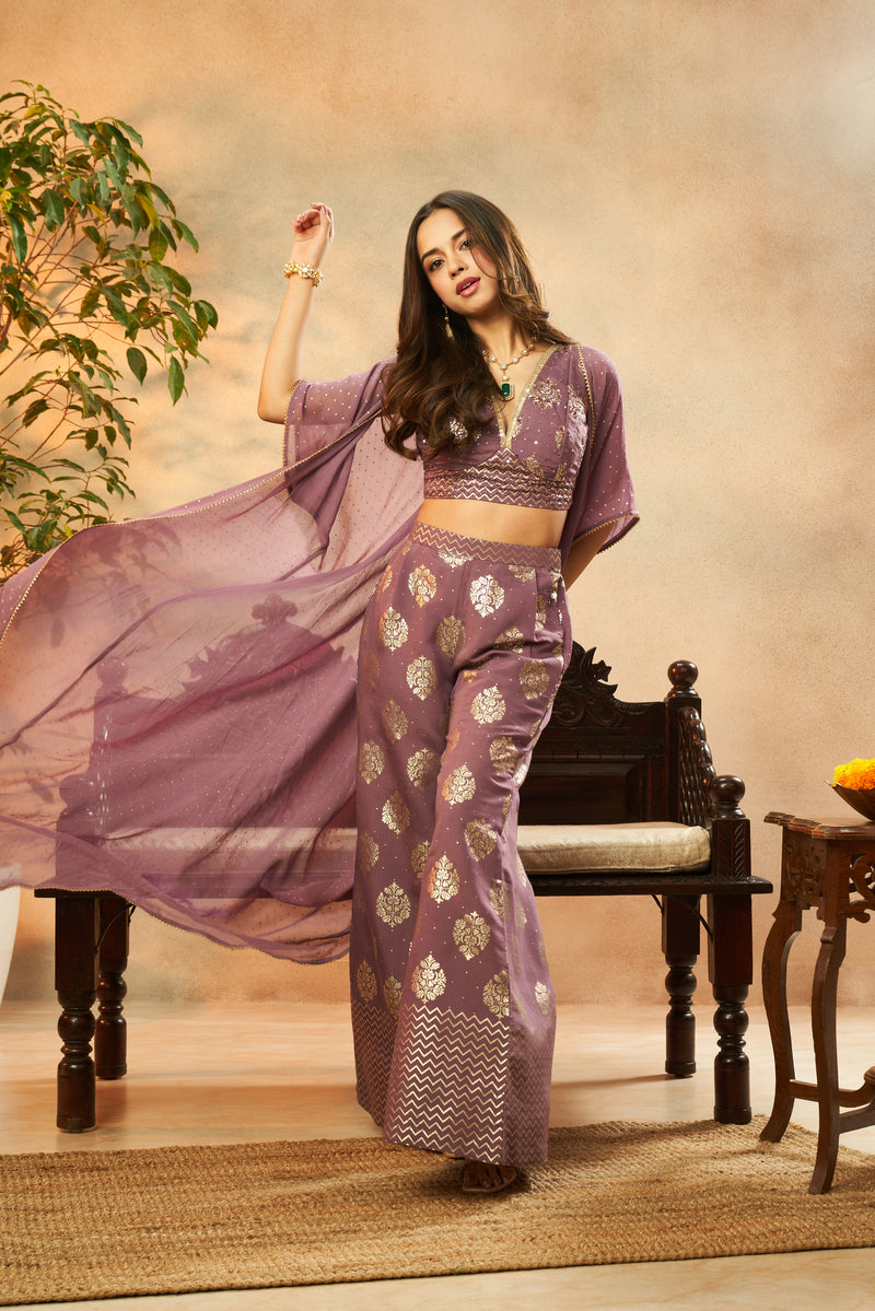 Dark Lilac Muslin Foil Print Crop Top, Palazzo & Shrug Set