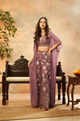 Dark Lilac Muslin Foil Print Crop Top, Palazzo & Shrug Set