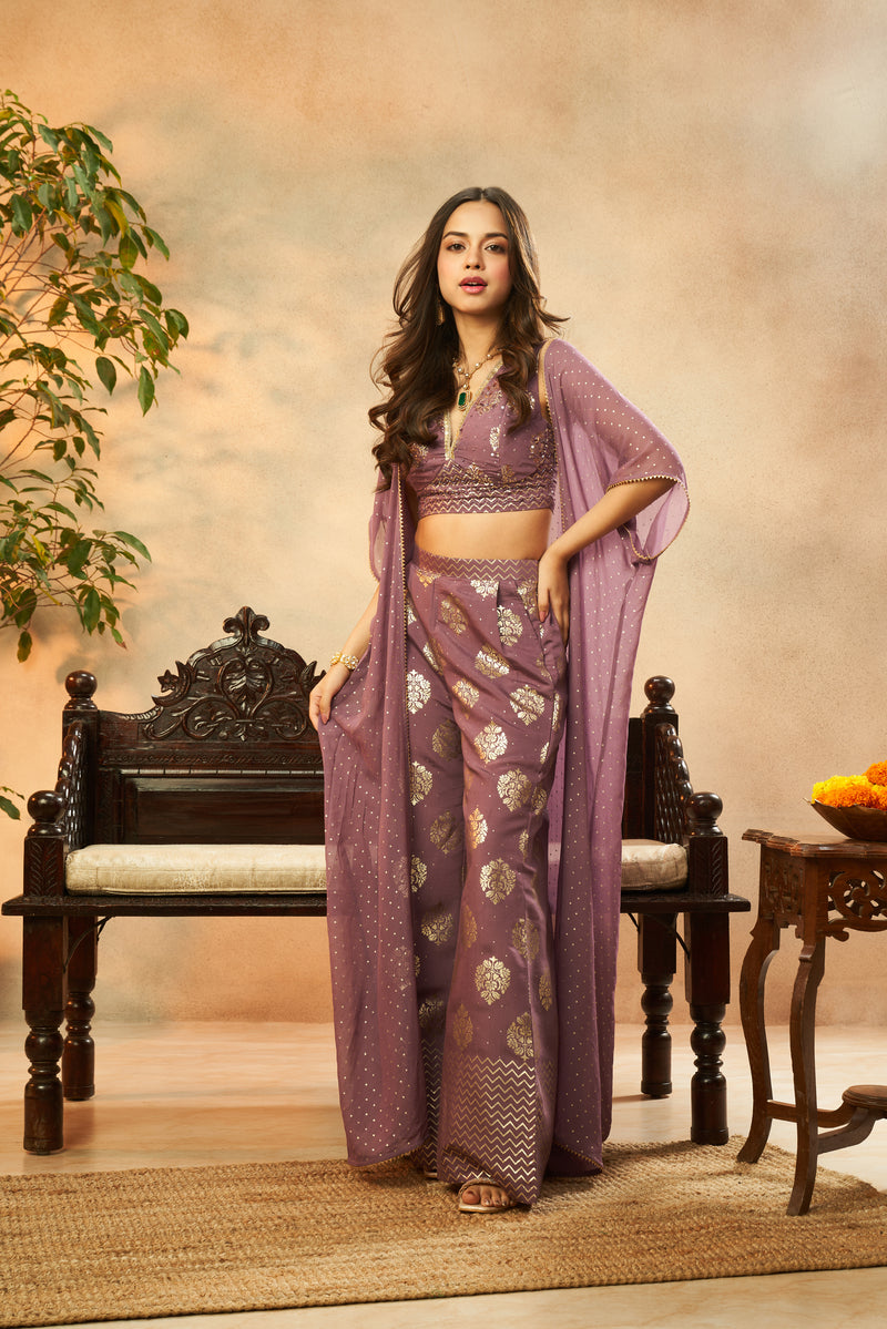 Dark Lilac Muslin Foil Print Crop Top, Palazzo & Shrug Set