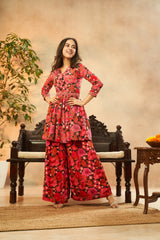 Bold Pink Chinon Kurta & Palazzo Set with Chic Belt