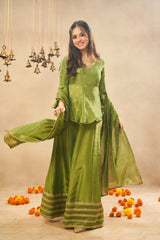 Matcha Green Viscose Zari Tissue Skirt & Peplum Top with Dupatta