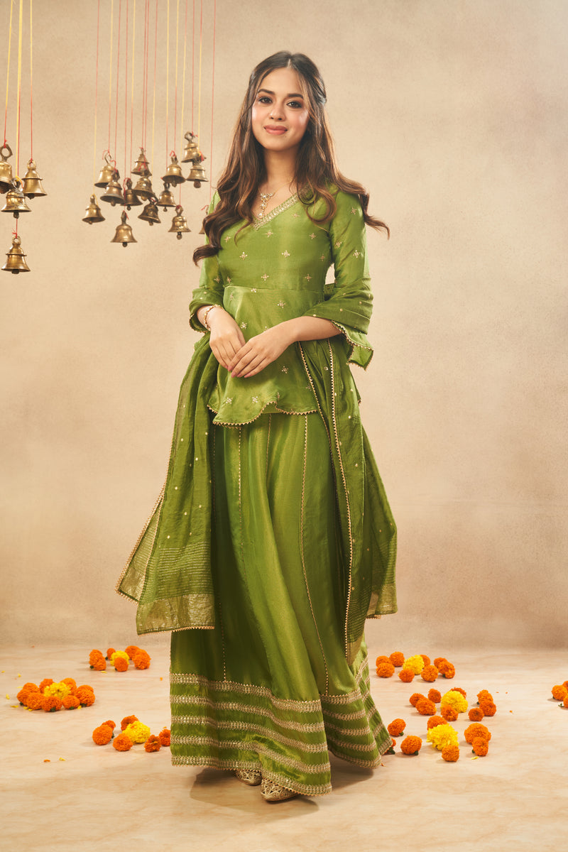 Matcha Green Viscose Zari Tissue Skirt & Peplum Top with Dupatta