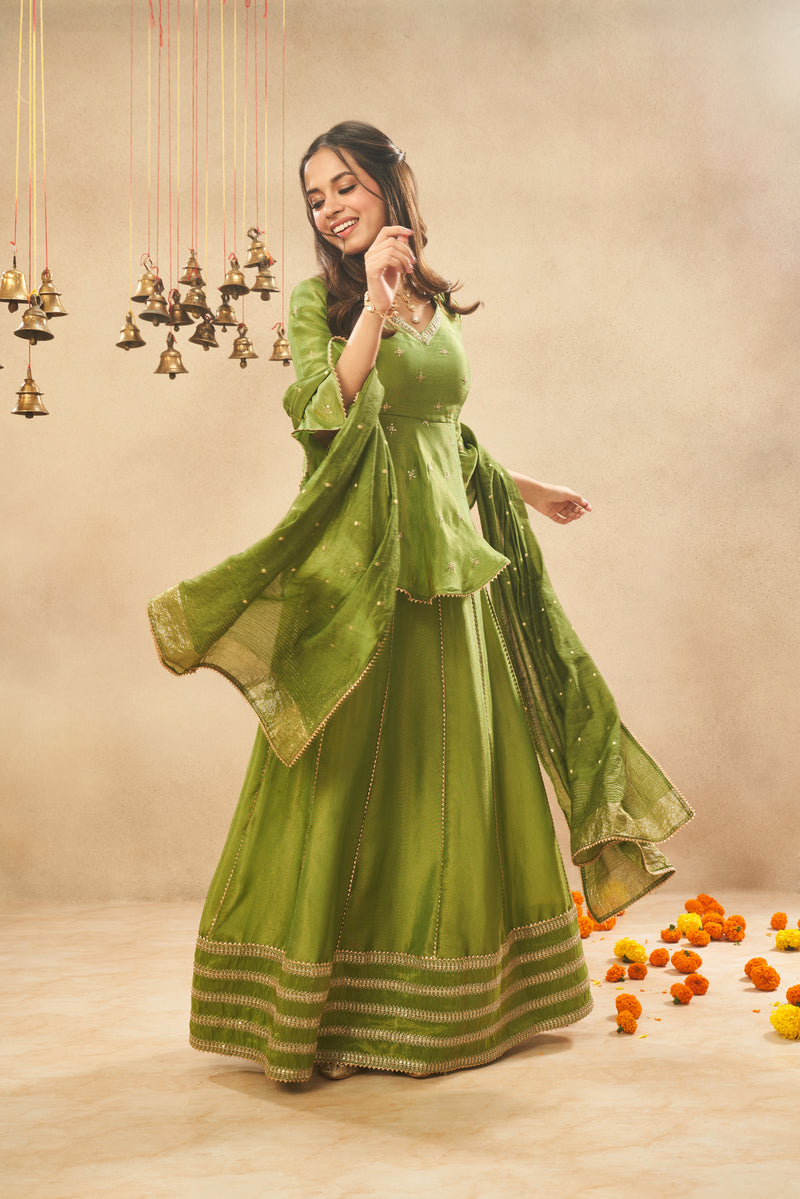 Matcha Green Viscose Zari Tissue Skirt & Peplum Top with Dupatta