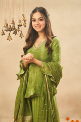 Matcha Green Viscose Zari Tissue Skirt & Peplum Top with Dupatta