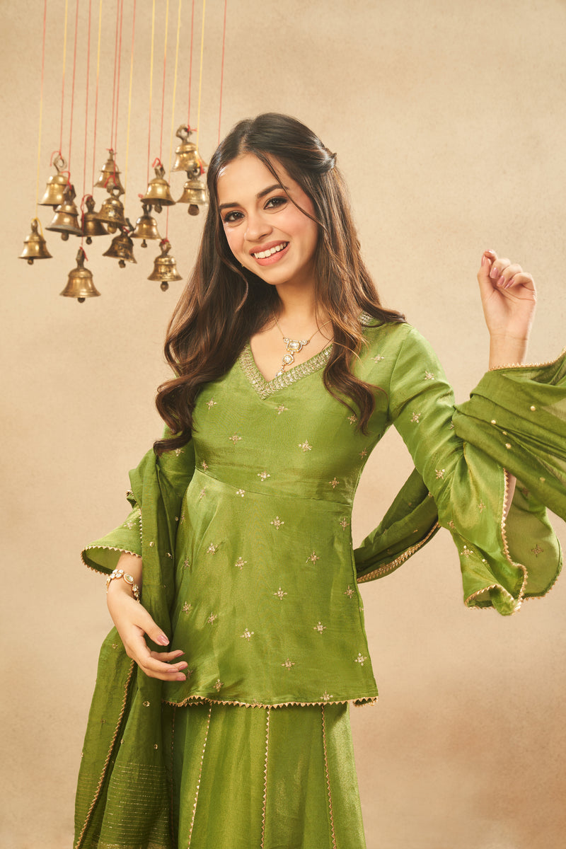 Matcha Green Viscose Zari Tissue Skirt & Peplum Top with Dupatta