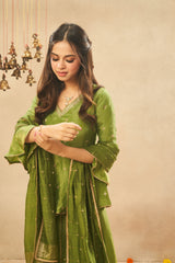 Matcha Green Viscose Zari Tissue Skirt & Peplum Top with Dupatta