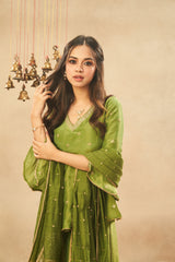 Matcha Green Viscose Zari Tissue Skirt & Peplum Top with Dupatta