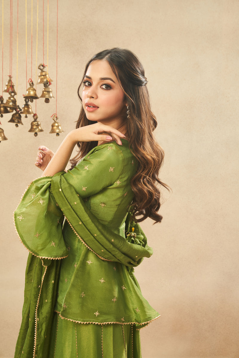 Matcha Green Viscose Zari Tissue Skirt & Peplum Top with Dupatta