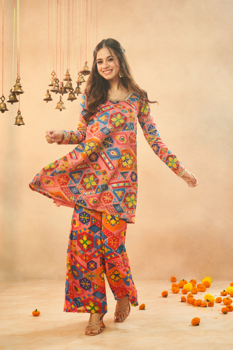 Multi-Colored Chinon Embroidered Kurta & Palazzo Set