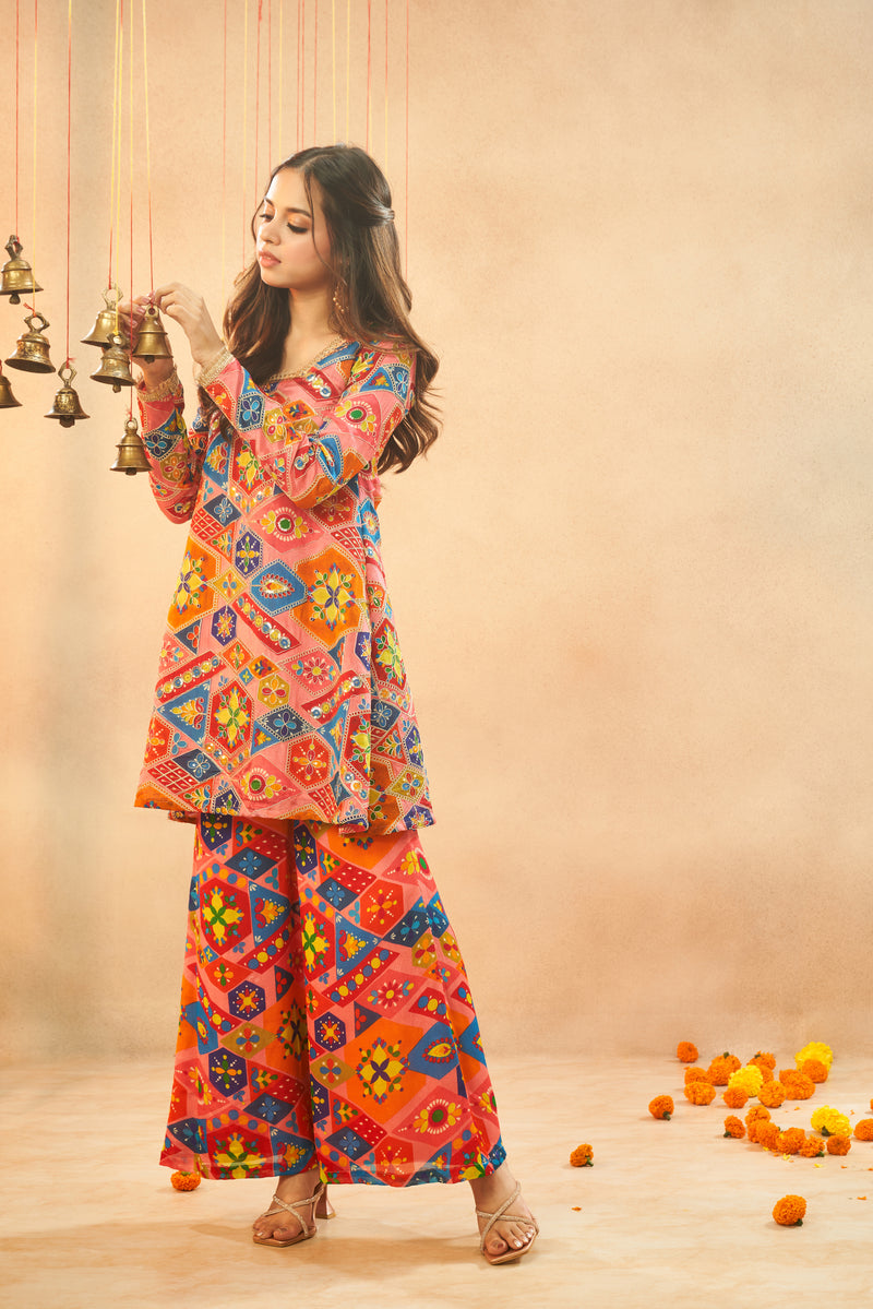 Multi-Colored Chinon Embroidered Kurta & Palazzo Set