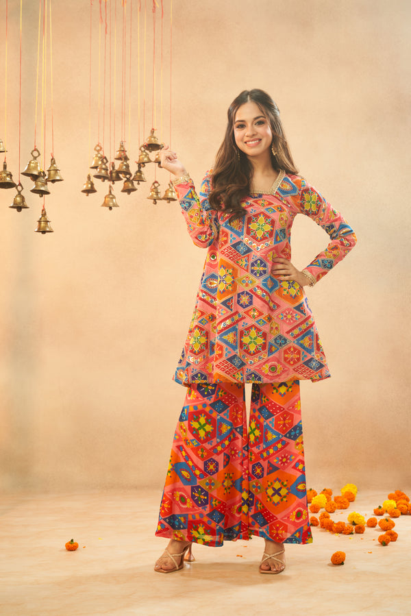 Multi-Colored Chinon Embroidered Kurta & Palazzo Set