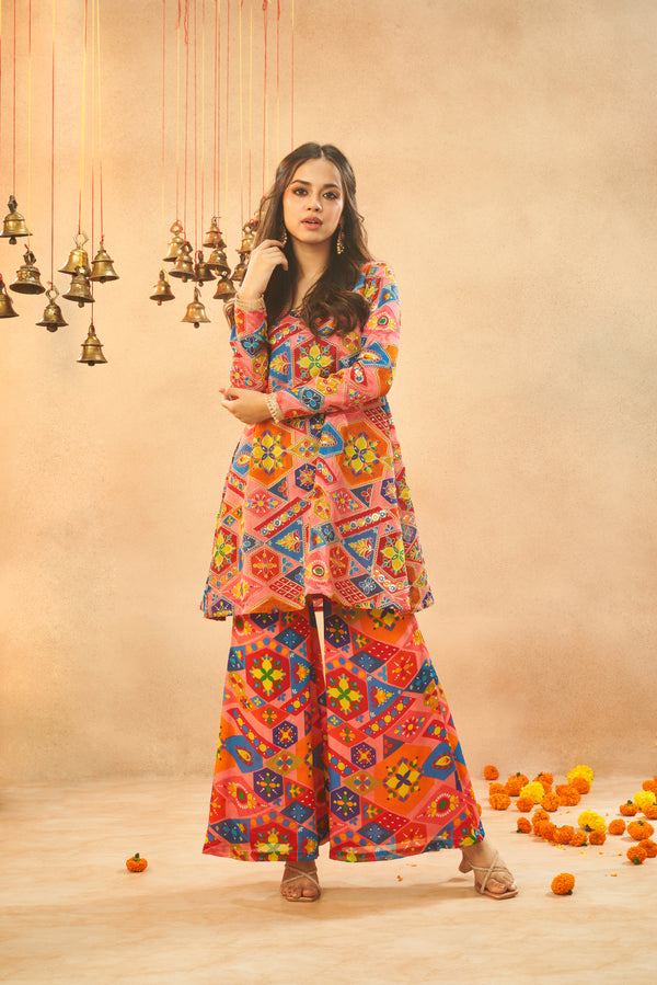 Multi-Colored Chinon Embroidered Kurta & Palazzo Set