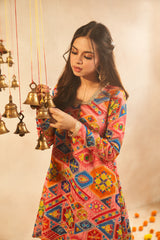 Multi-Colored Chinon Embroidered Kurta & Palazzo Set