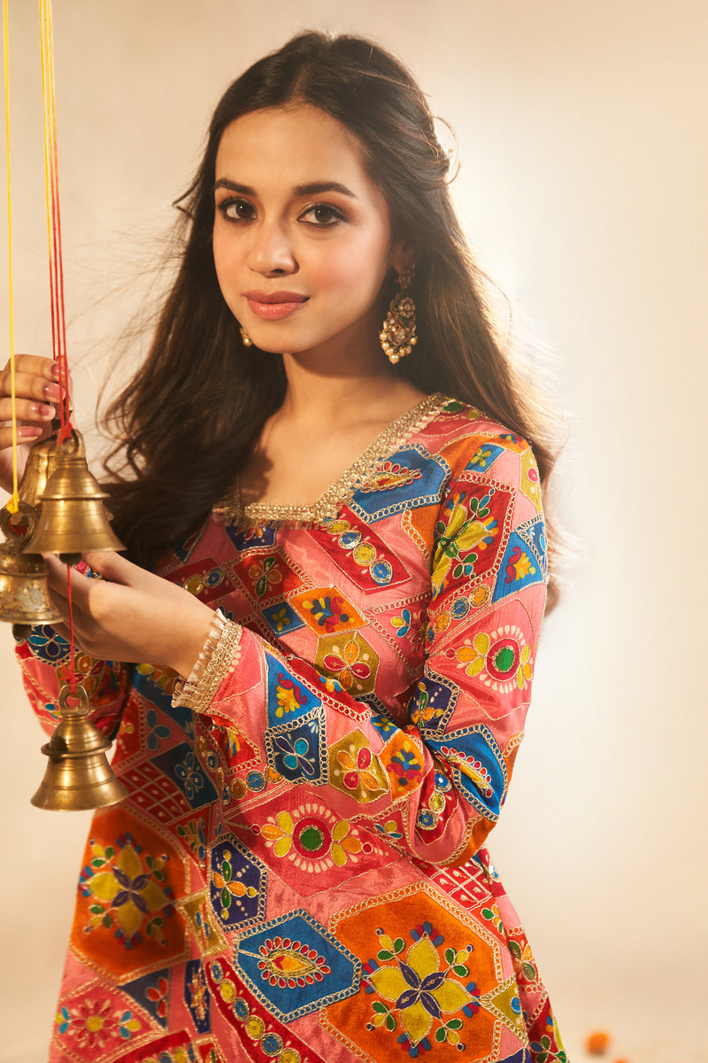 Multi-Colored Chinon Embroidered Kurta & Palazzo Set