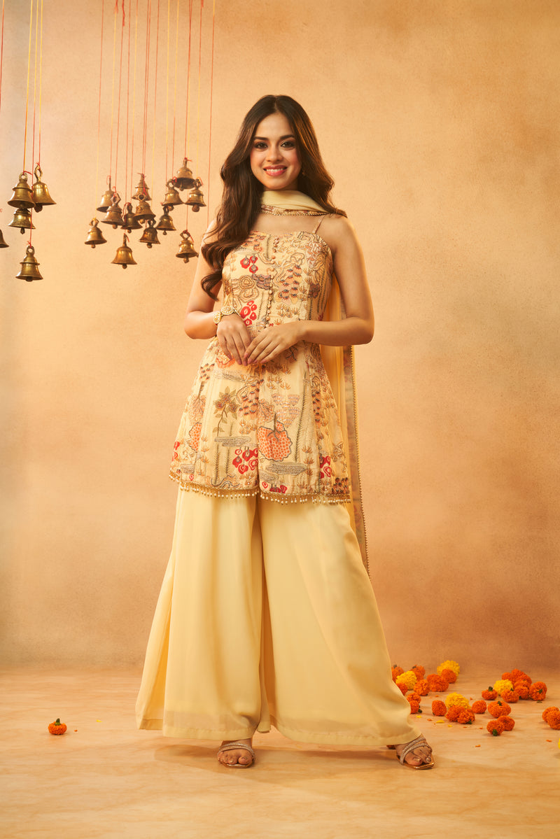 Light Yellow Festive Wear Kurta, Skirt & Dupatta Set