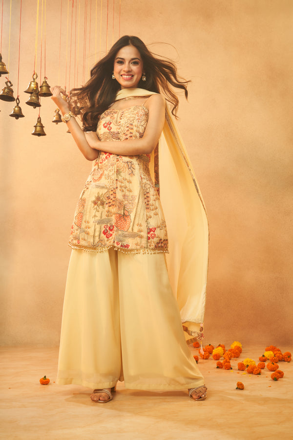 Light Yellow Festive Wear Kurta, Skirt & Dupatta Set